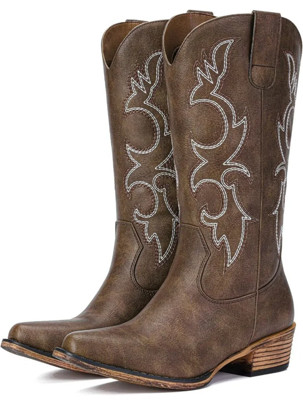 Women's Brown Rubber Calf High Western Pointed Toe Cowgirl Chunky Heel Boots